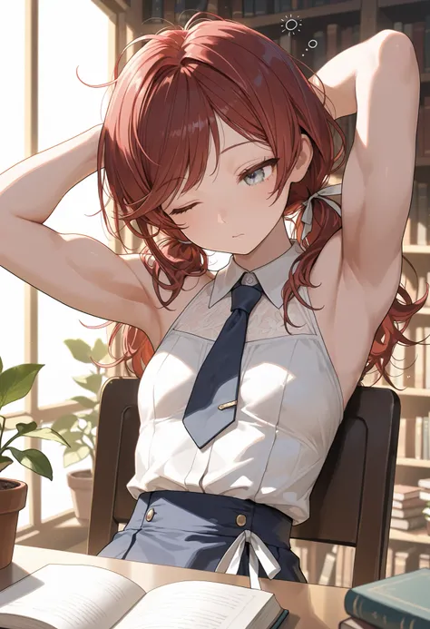 (masterpiece, best quality), stoic, solo, girl leaning back in chair, sleepy expression, one eye closed, arms up, flexing biceps, beautiful face, upper body, close up, Gray eyes, dark red hair, messy hair, swept bangs, low twin tails, white ribbons, sleeve...