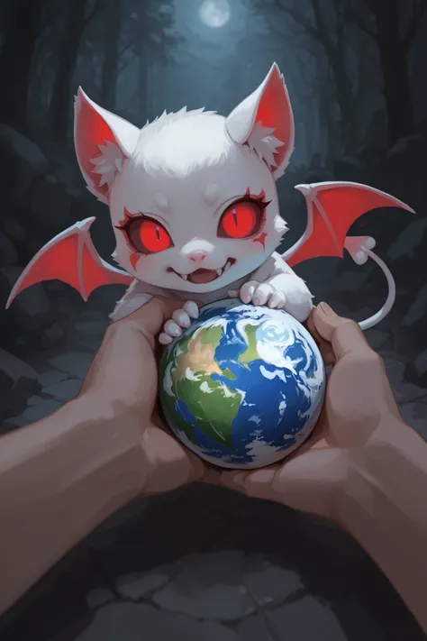 tiny white demon pets have a red eyes and little wing with cruel face holding a earth between hand