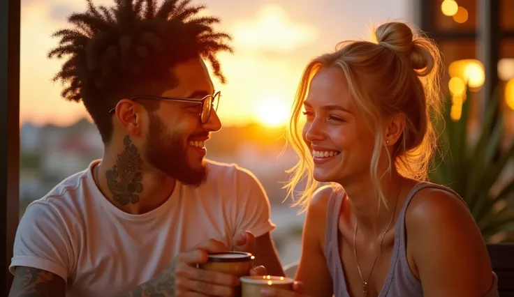 general plan,  realism, image richness of details, couple on a first date laughing together in a coffee shop at sunset next to the window. White boy with curly hair wearing samurai and goatee bun wearing prescription glasses and with tattoos on his neck. A...