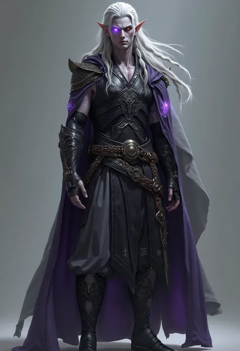 The hybrid elf, half normal elf and half dark elf, has a unique and imposing appearance even at . His skin is a grayish tone, a middle ground between light and dark. His eyes glow intensely, one amber and the other violet, reflecting his dual power. His ha...
