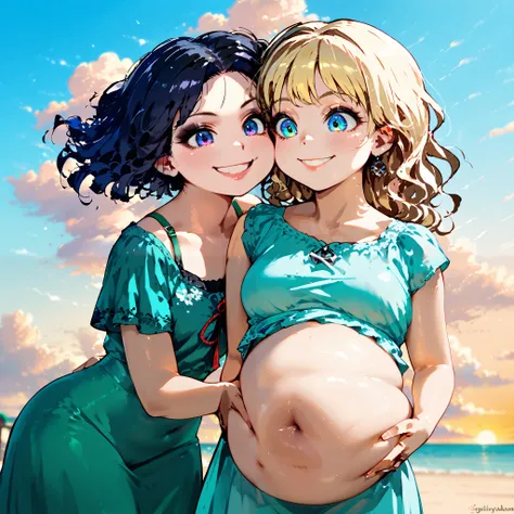score_9, Score_8_up, Score_7,detailed, hirune style, 2girls,  (one fat italian woman), (one skinny goth girl with blonde hair and dark makeup), curly thick hair, black hair, bright eyes , tight and undersized vintage 1990s floral sundress, green thong,  (b...