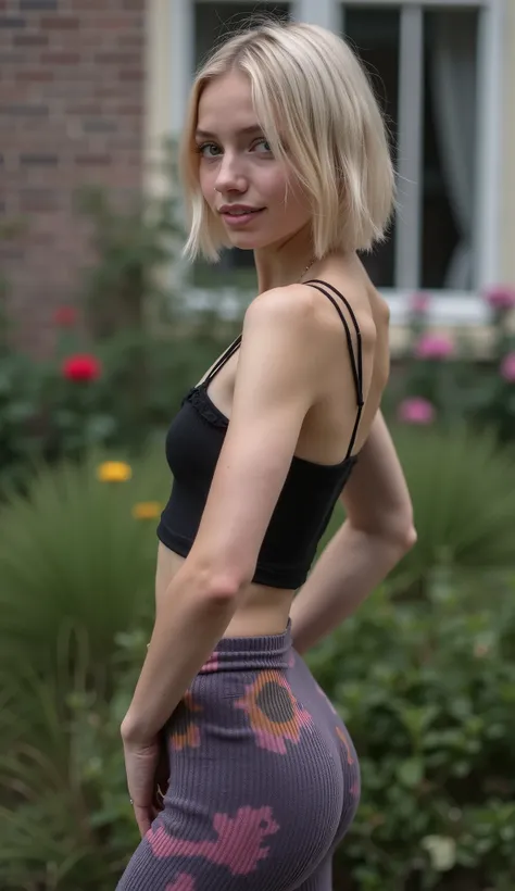 Backside diagonally photo from side behind of a sweaty hot wet cute beautiful blonde furtuned dutch spanish italia young posing age femboy ribbed jersey fabric taupe plum ripped damaged raggedy micro-croptop with lace, Very tall super skinny athletic figur...