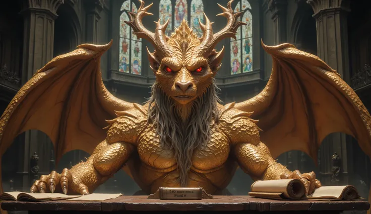 A majestic medieval courtroom with tall stone columns and stained glass windows. A huge dragon sits at the plaintiff's table, with ancient legal scrolls and a wax-sealed scroll laid out in front of it. A wooden plaque in front of it is engraved with 'Smogd...
