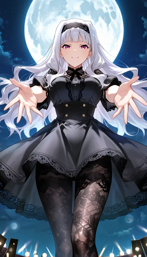 score_9 , score_8_up , score_7_up , source_anime ,1 woman, solo, Shijou Takane, white hair, long hair, BREAK, purple eyes, black dress, (lace tights: 1.5), Simple headband, (Reaching out towards the viewer), (view audience), Smiling sweetly at the viewer, ...