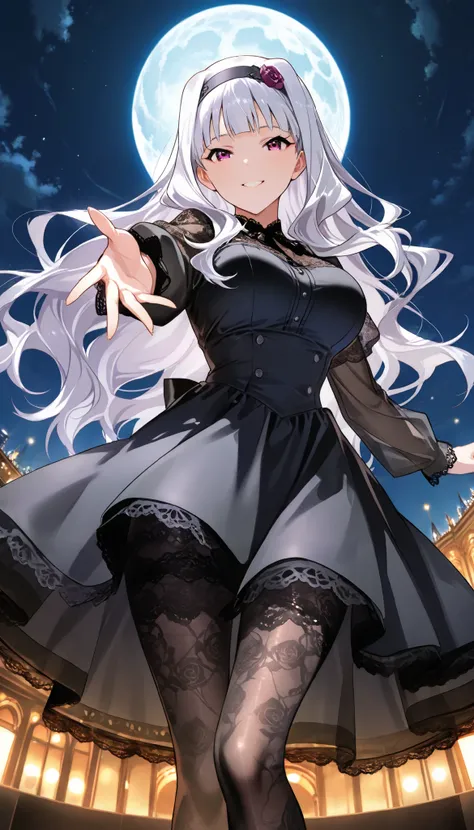 score_9 , score_8_up , score_7_up , source_anime ,1 woman, solo, Shijou Takane, white hair, long hair, BREAK, purple eyes, black dress, (lace tights: 1.2), Simple headband, (Reaching out towards the viewer), (view audience), Smiling sweetly at the viewer, ...