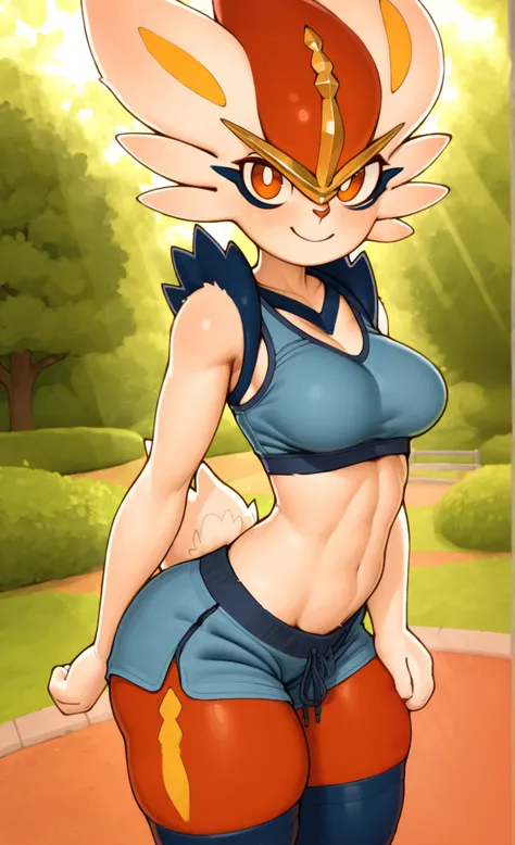 ((cinderace)), ((pokemon)), ((pixelsketcher:0.8)), ((wamudraws)), ((masterpiece)), ((high resolution)), ((solo portrait)), {(attractive figure), (athletic body), (medium breasts), (thick thighs), (white and red fur), (red legs), (short fluffy rabbit tail),...