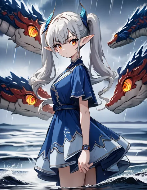 long silver hair 、Beautiful Girl with Twin Tails、art style, 1 girl, Alone, blue dress, watch viewers, storm, side view, Official Alternative Costume, orange eyes, pointy ears, Standing on the water, Sea Dragon in the Background, serious expression, grace...