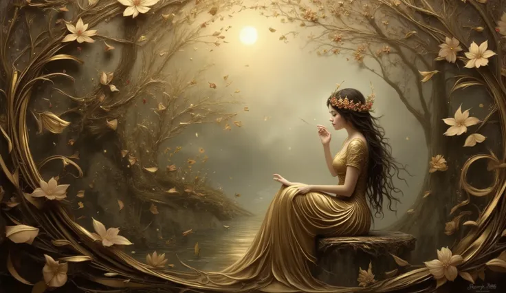 Fantasy-style painting of a young girl sitting in an enchanted forest at twilight. Her hair, shimmering in vibrant and glowing gold , flows, entwined with intricate zentangle flowers and swirling cranberries. The scene is bathed in soft moonlight with d...