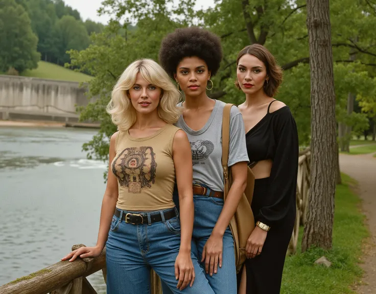 Cinematic photography, eye-level view of a high-fashion magazine cover featuring three models in stylish vintage outfits. The models include a blonde woman, a Black woman, and an Asian woman, each dressed in 1970s-inspired attire, such as graphic t-shirts...