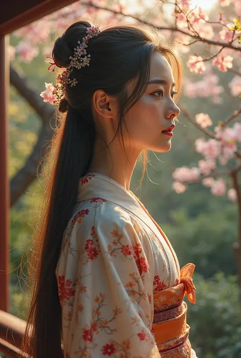 komi-san wa (de komi can't communicate), beautiful young woman with long silky hair, looking pensively into the distance, serene expression, delicate features, wearing a traditional kimono, sunlight filtering through the leaves, lush greenery and cherry bl...
