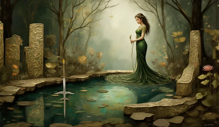an illustration of a mystical lake inspired by The Mists of Avalon, featuring the Lady of the Lake, radiant and imposing, standing among rune-inscribed stones glowing with magic as Excalibur emerges from the water; the scene is bathed in ethereal moonligh...