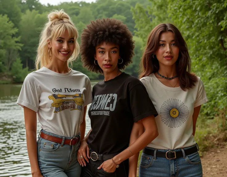  Cinematic photography, eye-level view of a high-fashion magazine cover featuring three models in stylish vintage outfits. The models include a blonde woman, a Black woman, and an Asian woman, each dressed in 1970s-inspired attire, such as graphic t-shirts...