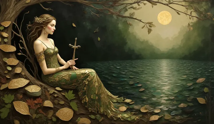 an oil painting in the style of John William Waterhouse, depicting the Lady of the Lake, powerful and serene, as she conjures magic around glowing rune-covered stones while Excalibur emerges from the dark, shimmering water; the moon’s light reflects off th...