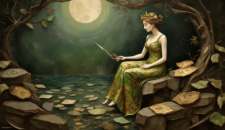 an oil painting in the style of John William Waterhouse, depicting the Lady of the Lake, powerful and serene, as she conjures magic around glowing rune-covered stones while Excalibur emerges from the dark, shimmering water; the moon’s light reflects off th...