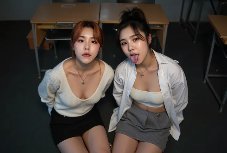 Realistic high-angle photo of two pretty korean women in a classroom in the evening. One is aged 21 and has light-brown hair and is wearing a very tight plain-white cashmere sweater (showing cleavage and no bra) and a straight black miniskirt. The other is...