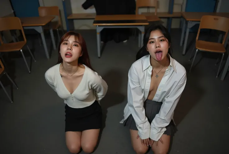 Realistic high-angle photo of two pretty korean women in a classroom in the evening. One is aged 21 and has light-brown hair and is wearing a very tight plain-white cashmere sweater (showing cleavage and no bra) and a straight black miniskirt. The other is...