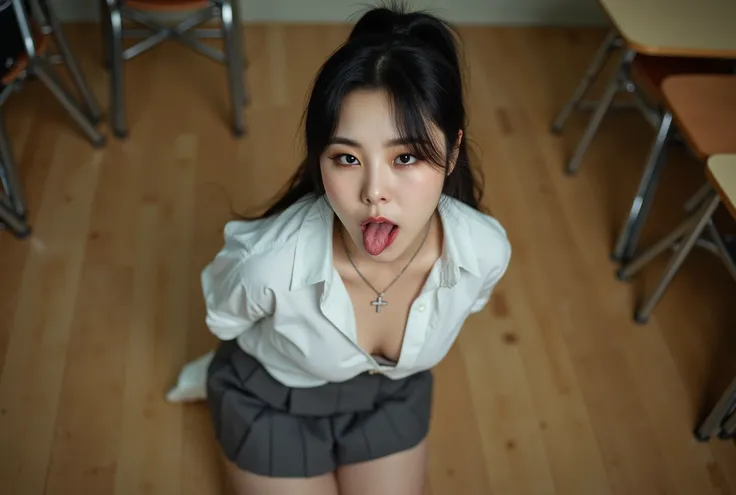 Realistic high-angle photo of a pretty korean women in a classroom in the evening. She is aged 19 and has dark hair in a ponytail, and is wearing a fully unbuttoned very tight white shirt, a silver cross pendant, and a dark-grey pleated miniskirt. She is k...