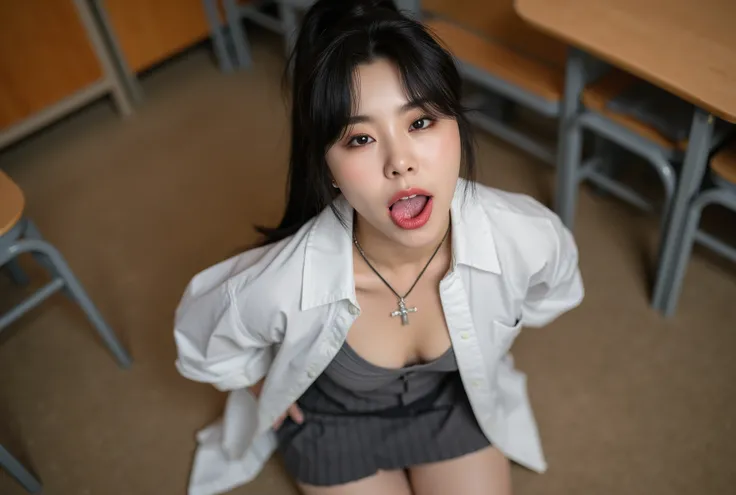 Realistic high-angle photo of a pretty korean women in a classroom in the evening. She is aged 19 and has dark hair in a ponytail, and is wearing a fully unbuttoned very tight white shirt, a silver cross pendant, and a dark-grey pleated miniskirt. She is k...