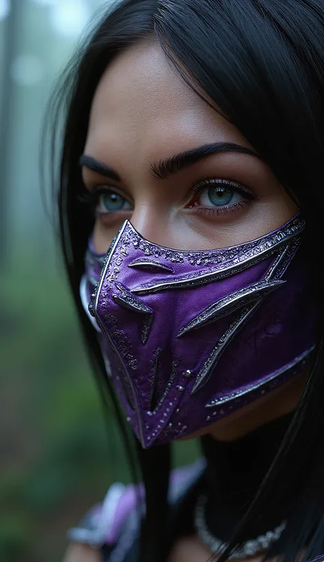 Hyper-realistic photographic style. as mileena . Close-up do rosto. Extremely realistic roxo mask and silver details. flawless skin texture. Bottom: dense forest, Greg Rutkowski style . dramatic lighting. 8k. 8k, rendered in Unreal Engine 5 realistic backg...