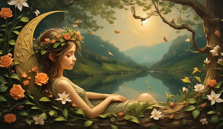 A surreal dreamlike scene of a serene woman with closed eyes, her face partially covered in lush green foliage and vibrant orange roses, seamlessly blending with a golden crescent moon that arches over her head. The landscape is a mystical twilight setting...
