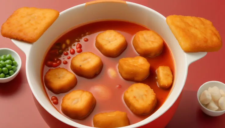 A realistic picture of a spicy hot pot full of chicken nuggets. The soup should be thick and red, indicates its spicy properties, the peppers and peppercorns are clearly visible. The chicken pieces should be completely submerged, absorbs the flavor of the ...