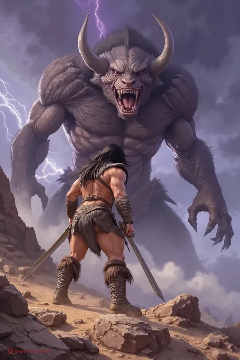 Conan the Barbarian confronts a terrible monster to save a gorgeous nubile damsel in distress, art style of boris valejo, fantasy stormy hilltop