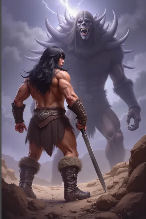 Conan the Barbarian confronts a terrible monster to save a gorgeous nubile damsel in distress, art style of boris valejo, fantasy stormy hilltop