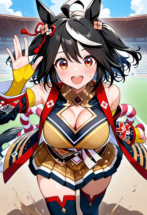 ( masterpiece、 best quality 、score_9、score_8_ up、score_7_ up), break solo,  one girl ,  kitasan black  \(horse girl\),  waving ,  ,  hair accessories,  animal ears ,  Cleavage Hollowed Out , Sacred Shrine Rope, Red and white rope ,  split sleeve, yellow sk...