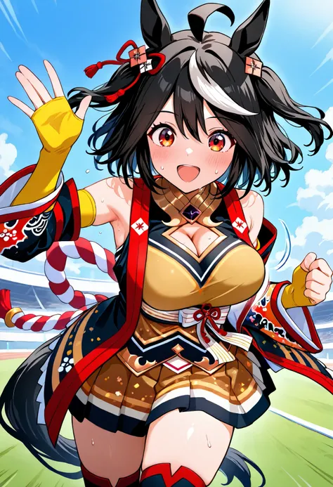 ( masterpiece、 best quality 、score_9、score_8_ up、score_7_ up), break solo,  one girl ,  kitasan black  \(horse girl\),  waving ,  ,  hair accessories,  animal ears ,  Cleavage Hollowed Out , Sacred Shrine Rope, Red and white rope ,  split sleeve, yellow sk...