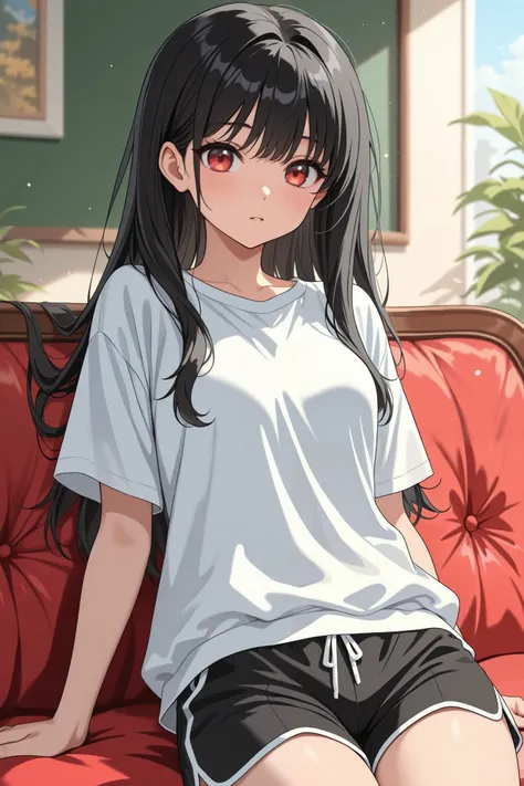 Black hair, red eyes, white shirt and black shorts
