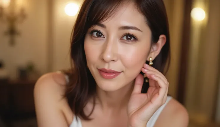  Close-up of glamorous golden diva makeup on a 48-year-old Japanese woman.  She is wearing sparkling gold-toned eyeshadow,  Cheekbones sculpted with warm bronzer, and a glossy, Deep brown lip color.  Her dark brown hair is styled in gentle waves,  Graceful...