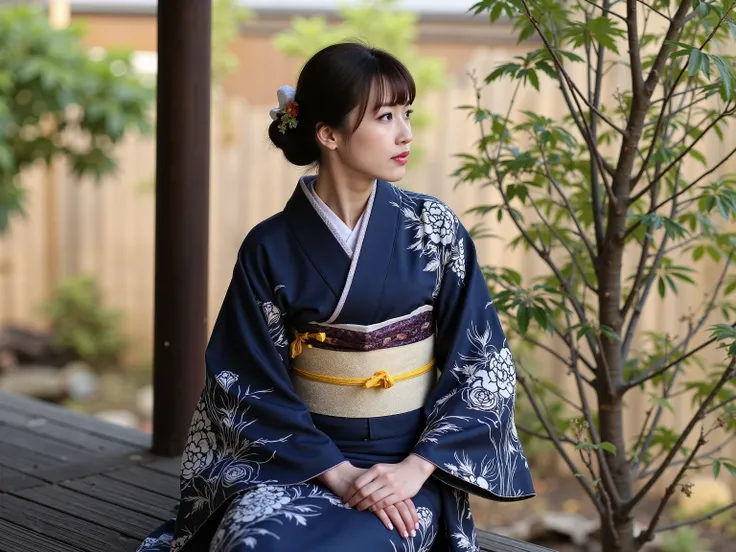 (masterpiece,top quality:1.2),anatomically correct、(a beautiful Japanese woman),Dignity and ephemerality ,(I'm wearing a dark blue kimono),she is squietly waiting for my husband to return、garden、moon,The gentle moonlight envelops her
