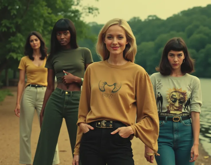 Cinematic photography, eye-level view of a high-fashion magazine cover featuring three models in stylish vintage outfits. The models include a blonde woman, a Black woman, and an Asian woman, each dressed in 1970s-inspired attire, such as graphic t-shirts,...
