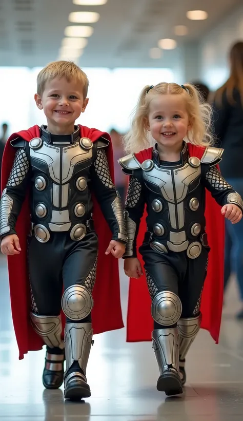 character: 1 baby boy,  and 1 baby girl. They have Russian faces.

action: Walk straight and look straight ahead.

Expression : smiling.

Costume : they Wearing futuristic thor body suit 

 Background : A bright indoor public space , with people vaguely se...