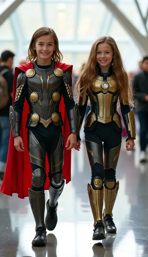 character: 1 long-haired boy ,  and 1 girl. They have Russian faces.

action: Walk straight and look straight ahead.

Expression : smiling.

Costume : they Wearing futuristic thor body suit 

 Background : A bright indoor public space , with people vaguely...