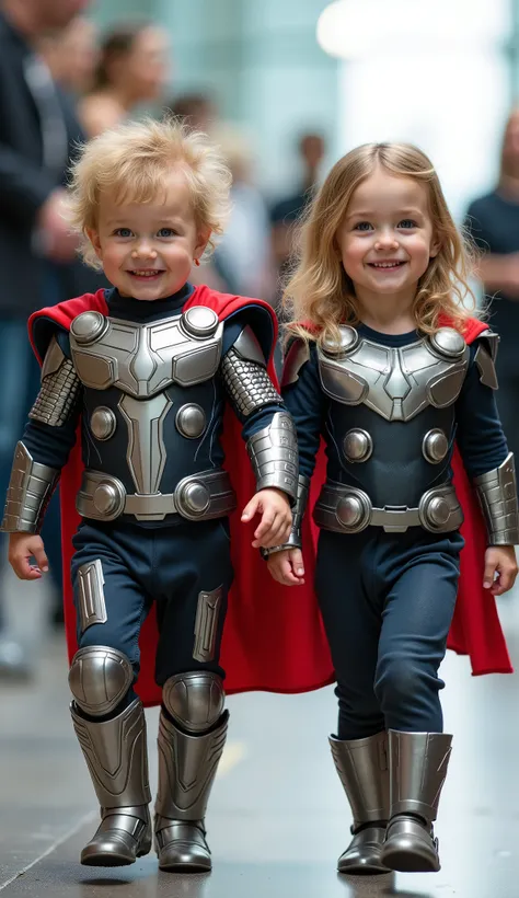 character: 1 baby boy,  and 1 baby girl. They have Russian faces.

action: Walk straight and look straight ahead.

Expression : smiling.

Costume : they Wearing futuristic thor body suit 

 Background : A bright indoor public space , with people vaguely se...