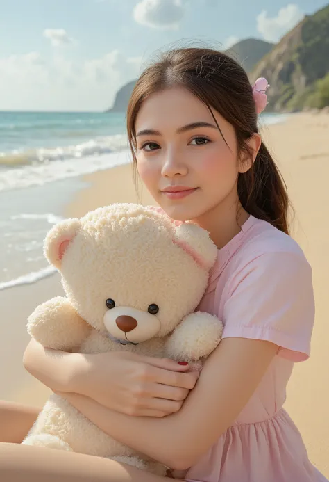 there is a woman holding a teddy bear on the beach, kawaii realistic portrait, cute anime girl, anime visual of a cute girl, smooth anime cg art, artwork in the style of guweiz, portrait of cute anime girl, cute portrait, beautiful anime portrait, beautifu...