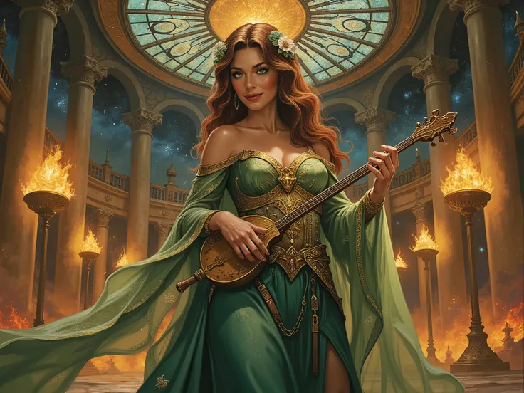 A graceful and charismatic Dungeons & Dragons character inspired by Anne Hathaway, standing in a grand, enchanted ballroom filled with shimmering chandeliers and magical light. She is a high-level sorceress or bard, exuding an aura of elegance, intelligenc...