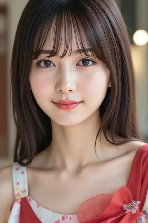 with the face positioned accurately in the center of the image, Upper chest, fine, clean skin、head is fully reflected with tight tension, face is clearly visible as a full body shot, one-shoulder colorful dress, night background、long black hair around my...