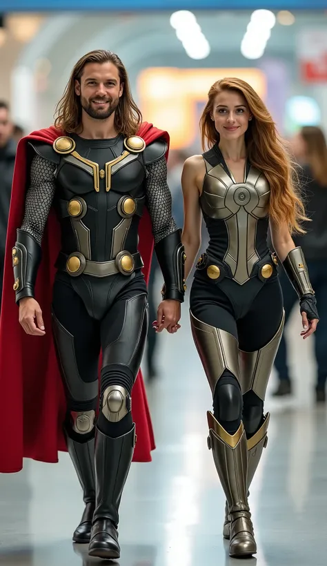 character: 1 long-haired man ,  and 1 women. They have Russian faces.

action: Walk straight and look straight ahead.

Expression : smiling.

Costume : they Wearing futuristic thor body suit 

 Background : A bright indoor public space , with people vaguel...