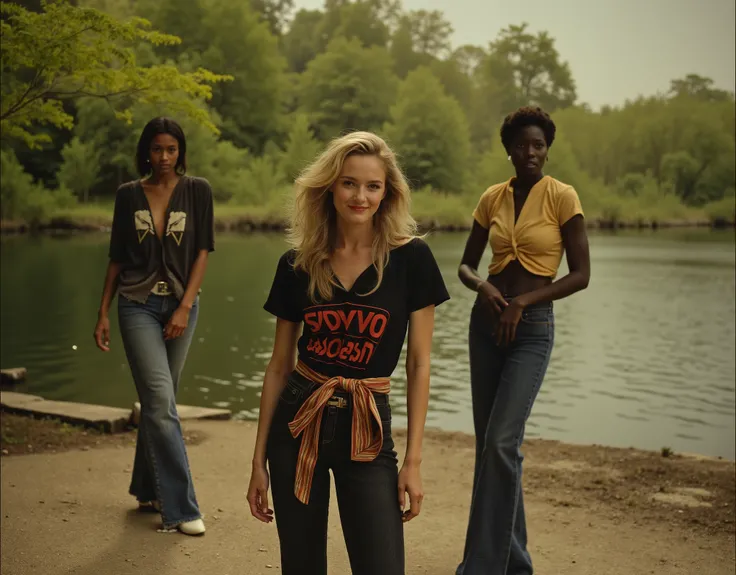 Cinematic photography, eye-level view of a high-fashion magazine cover featuring three models in stylish vintage outfits. The models include a blonde woman, a Black woman, and an Asian woman, each dressed in 1970s-inspired attire, such as graphic t-shirts,...