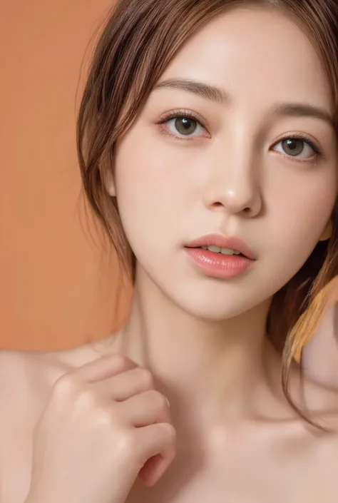 ((masterpiece)), ((Best Quality)), (PORTRAIT OF A BEAUTIFUL GIRL), perfectly detailed eyes, Perfectly detailed face, super detailed nose , in gold, random color shorts , Perfect Teeth, bare shoulder, charming, close, Cheek hollows , depth of field,...