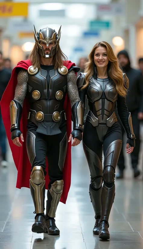 character: 1 long-haired man with mask full head,  and 1 women. They have Russian faces.

action: Walk straight and look straight ahead.

Expression : smiling.

Costume : they Wearing futuristic thor body suit 

 Background : A bright indoor public space ,...