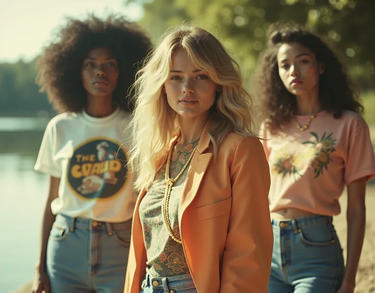 Cinematic photography, eye-level view of a high-fashion magazine cover featuring three models in stylish vintage outfits. The models include a blonde woman, a Black woman, and an Asian woman, each dressed in 1970s-inspired attire, such as graphic t-shirts...