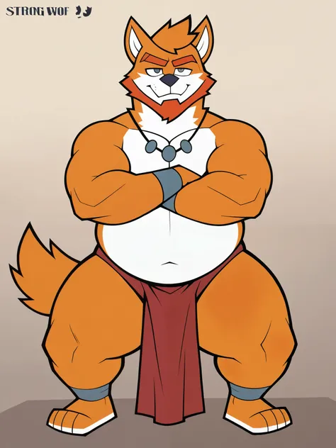 yellow wolf, male focus, fat body, strong arms, thick thighs, long orange hair, orange beard, gray eyes, red loincloth, jewelry, sensual pose, sfw