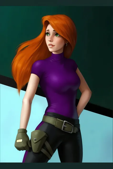 1 girl, orange hair, green eyes, purple turtleneck t-shirt, black pants with a purple stripe, gray shoes, a Wrist-mounted Kimmunicator, brown gloves, brown a pouch on her left leg, and a brown belt.