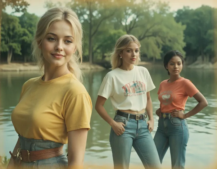  Cinematic photography, eye-level view of a high-fashion magazine cover featuring three models in stylish vintage outfits. The models include a blonde woman, a Black woman, and an Asian woman, each dressed in 1970s-inspired attire, such as graphic t-shirts...