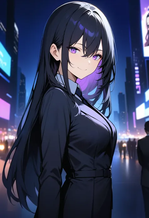 Best Quality, great quality, great quality, absard dress, 1 girl, Alone, black hair, purple eyes, hair between his eyes, long hair, business suit,business suit, standing, upper body, watch viewers, night city , closes one eye, smile, Closed Mouth, detailed...