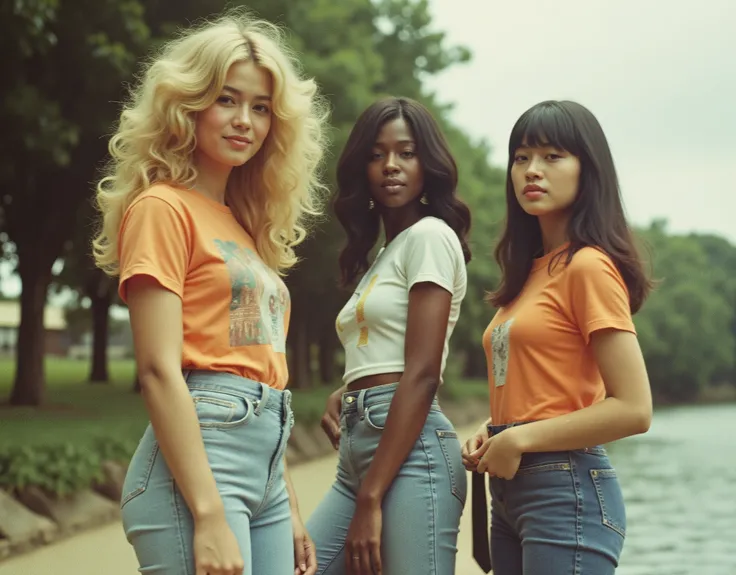 Cinematic photography, eye-level view of a high-fashion magazine cover featuring three models in stylish vintage outfits. The models include a blonde woman, a Black woman, and an Asian woman, each dressed in 1970s-inspired attire, such as graphic t-shirts...