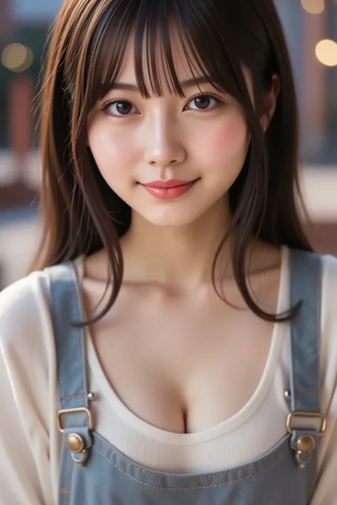 with the face positioned accurately in the center of the image, Upper chest,  fine, clean skin、head is fully reflected with tight tension, face is clearly visible as a full body shot, overalls,  night background、long black hair around my chest, Bangs, smil...